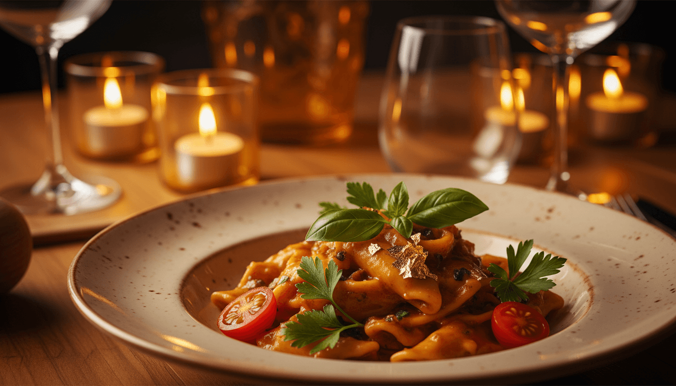 Elegantly plated Italian pasta dish with fresh herbs in fine dining setting