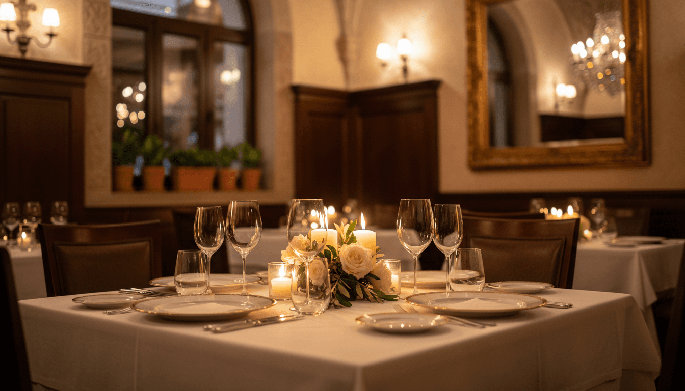 Elegantly set dining table with wine glasses and fresh flowers in candlelight at an upscale Italian restaurant